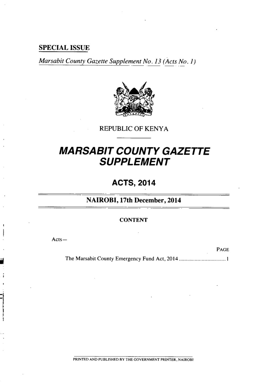 Marsabit County Emergency Fund Act 2014
