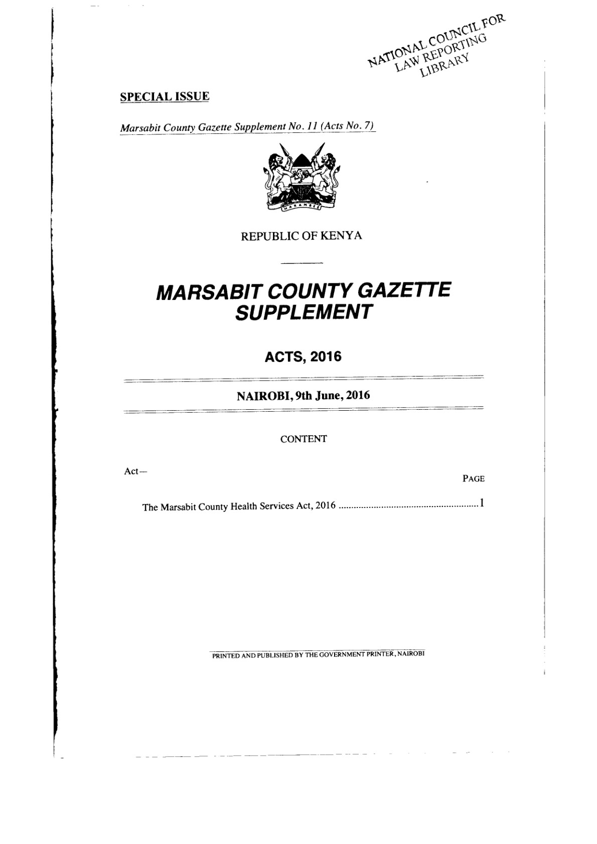 Marsabit County Health Services Act 2016