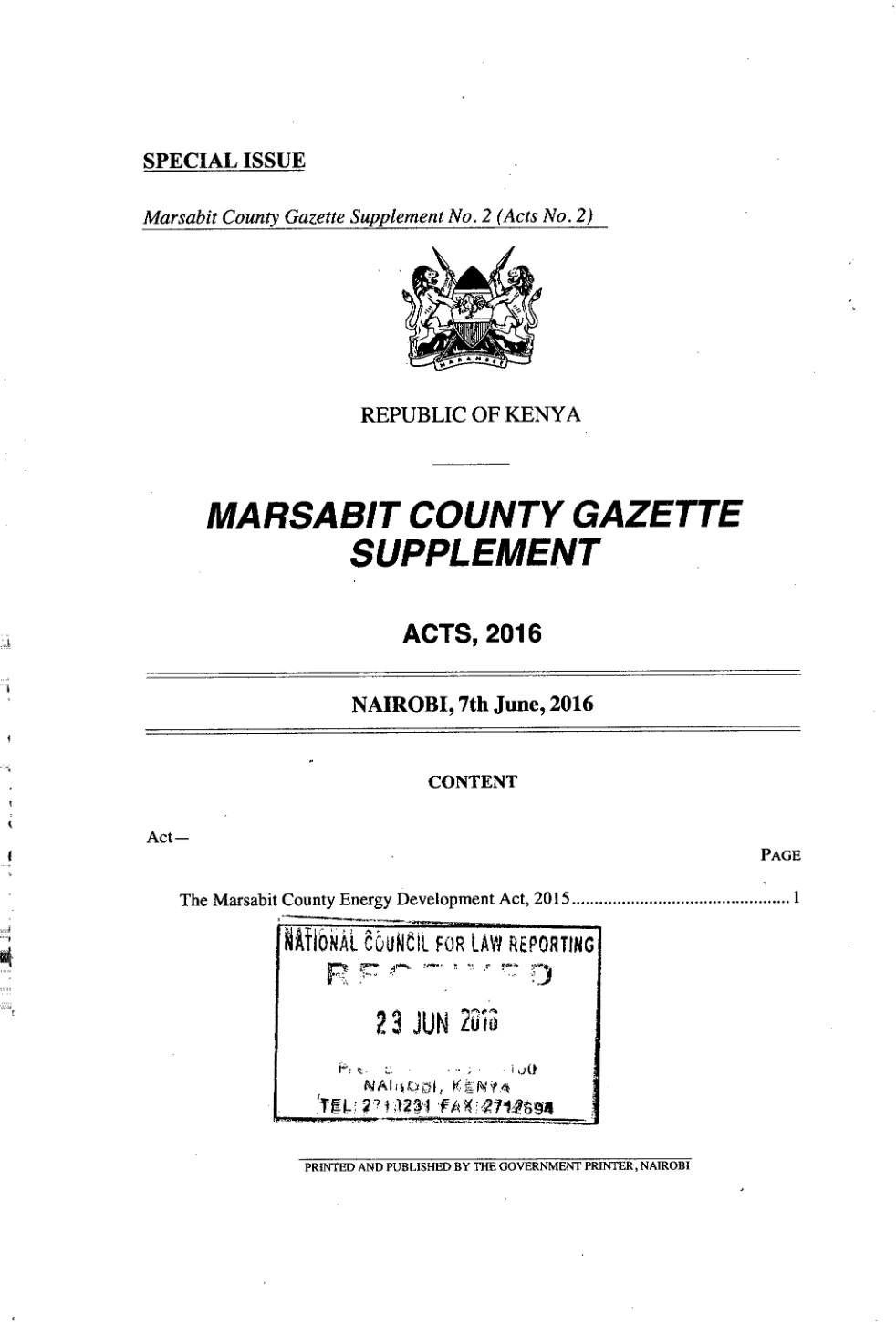 Marsabit County Energy Development Act 2016