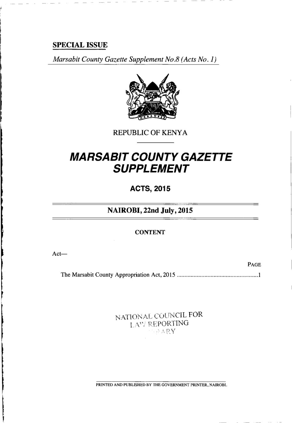 Marsabit County Appropriation Act 2015