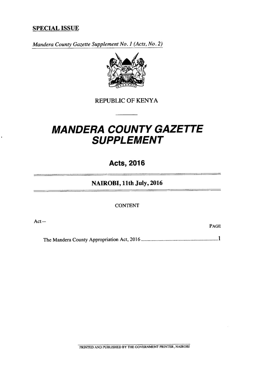 Mandera County Appropriation Act 2016