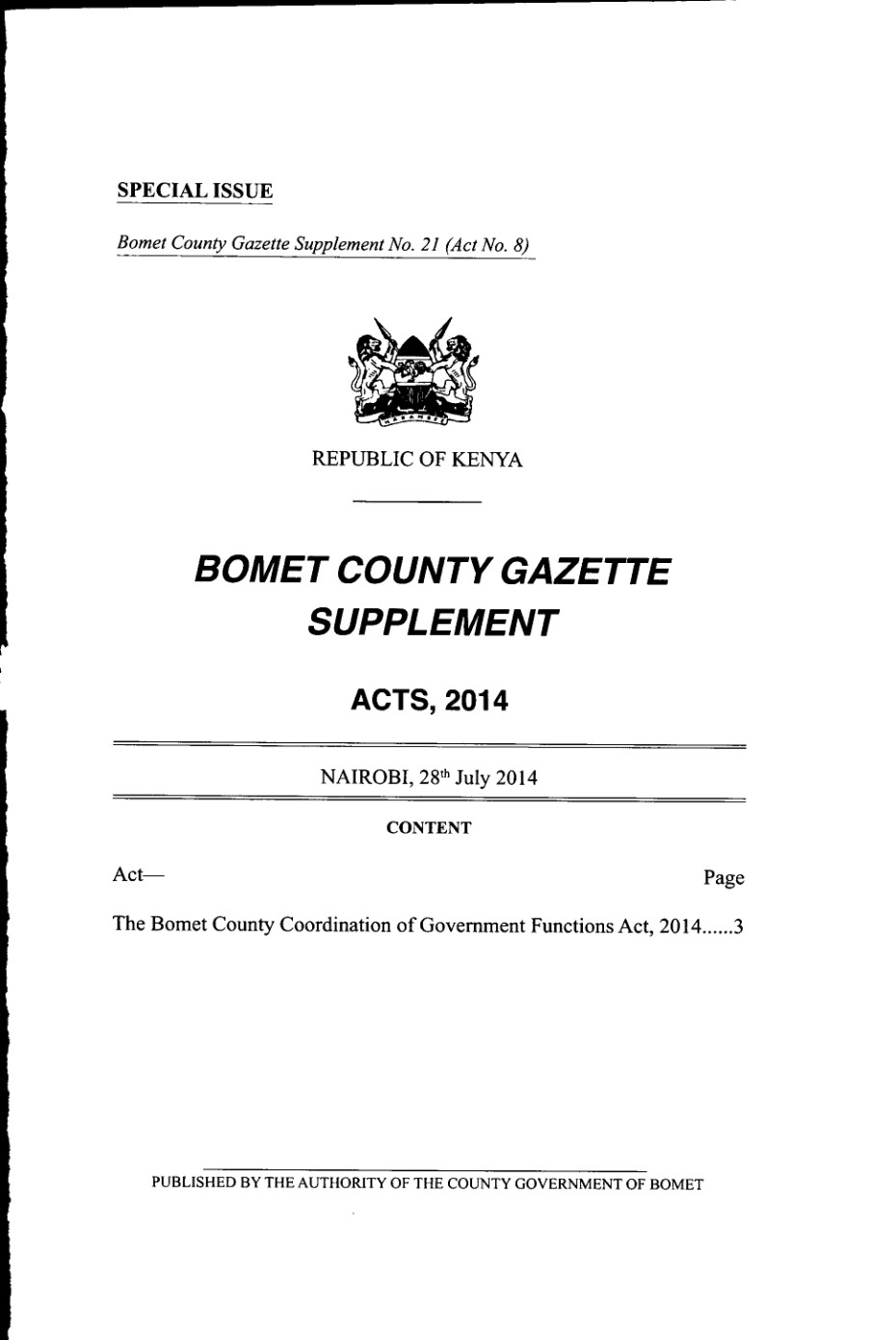 Bomet County Coordination of Government Functions Act 2014