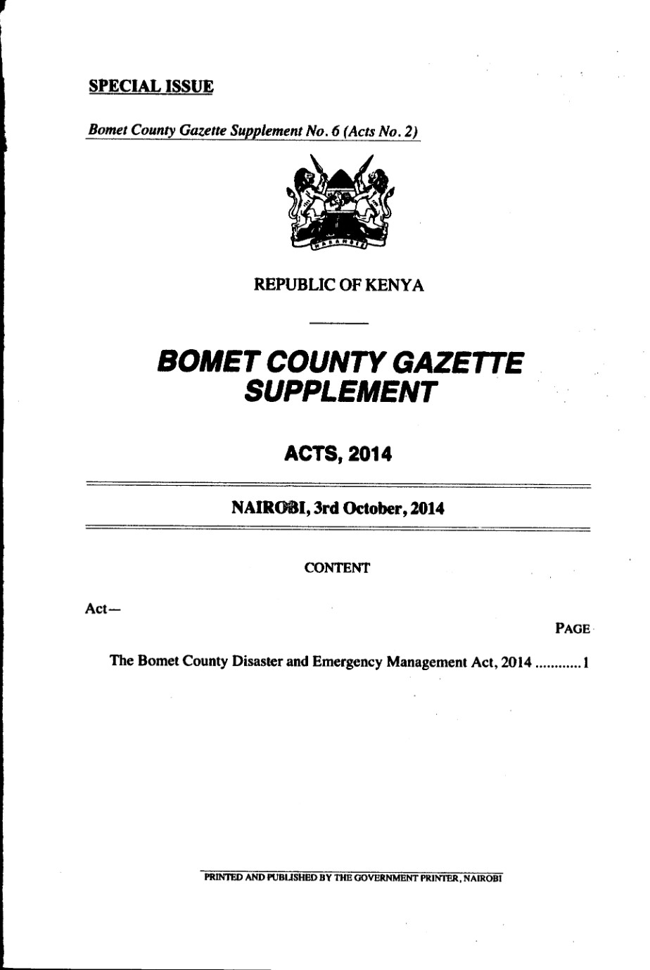 Bomet County Disaster and Emergency Management Act 2014