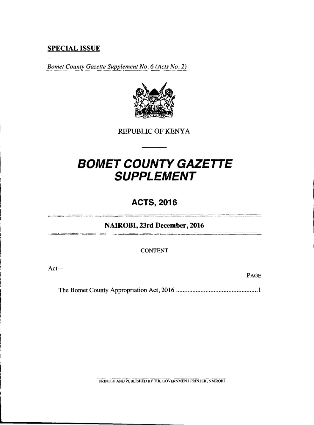 Bomet County Appropriation Act 2016