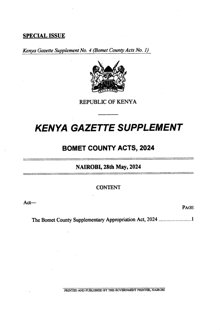 Bomet County Supplementary Appropriation Act 2024