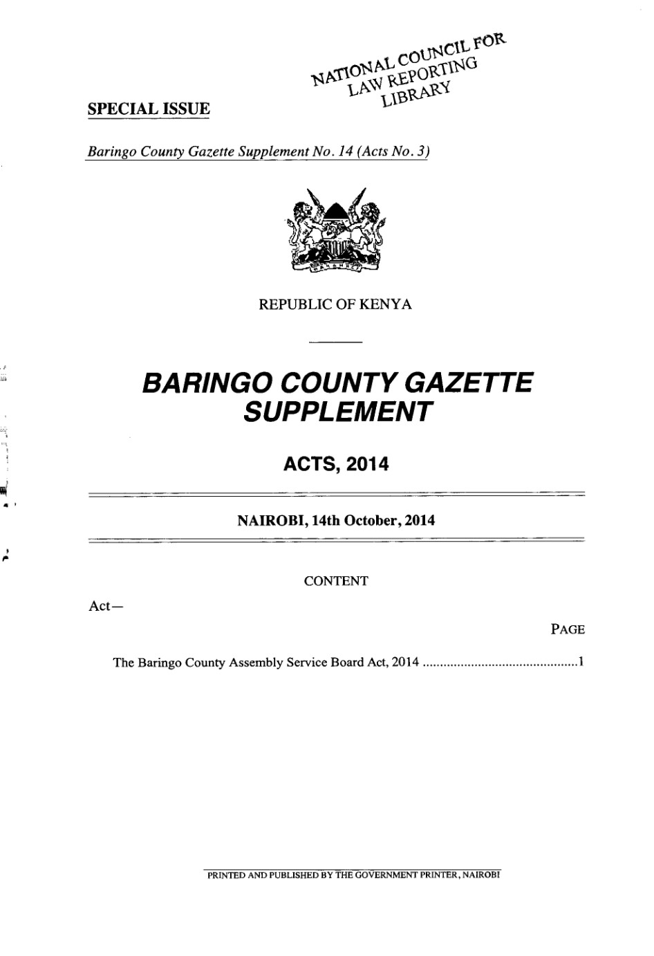 Baringo County Assembly Service Board Act 2014