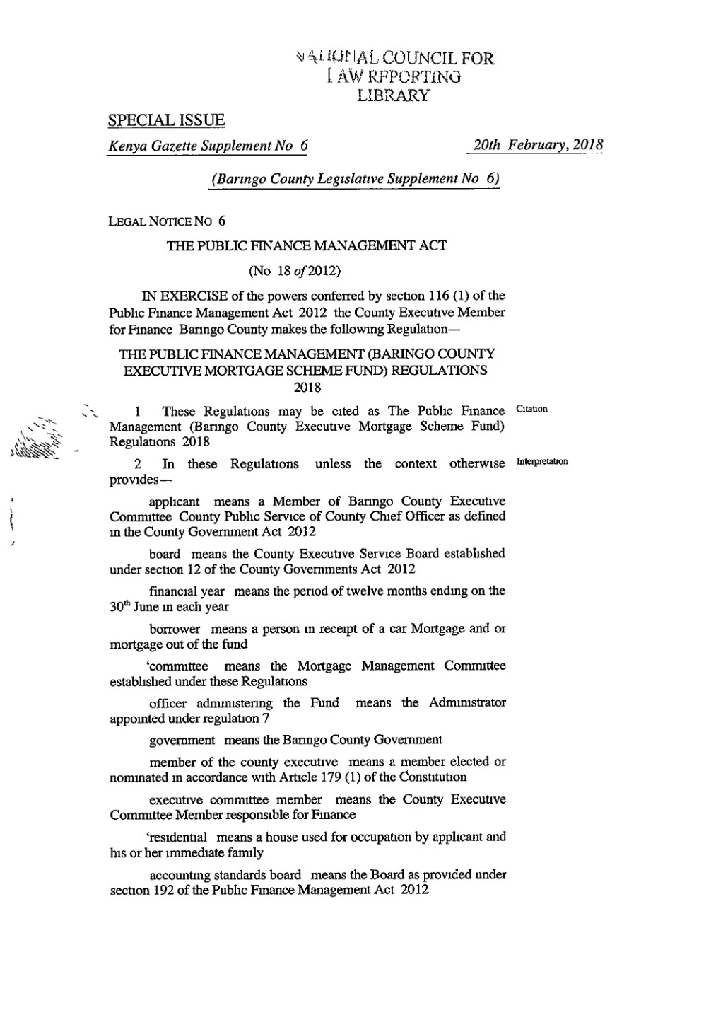 Baringo County Executive Mortgage Scheme Fund Regulations 2018