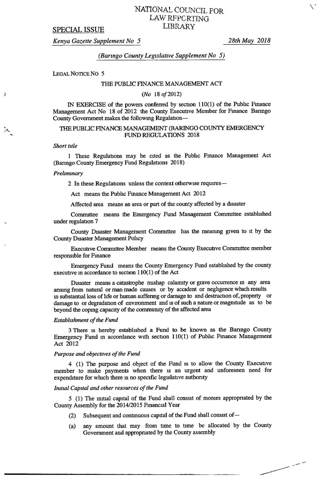 Baringo County Emergency Fund Regulations 2018