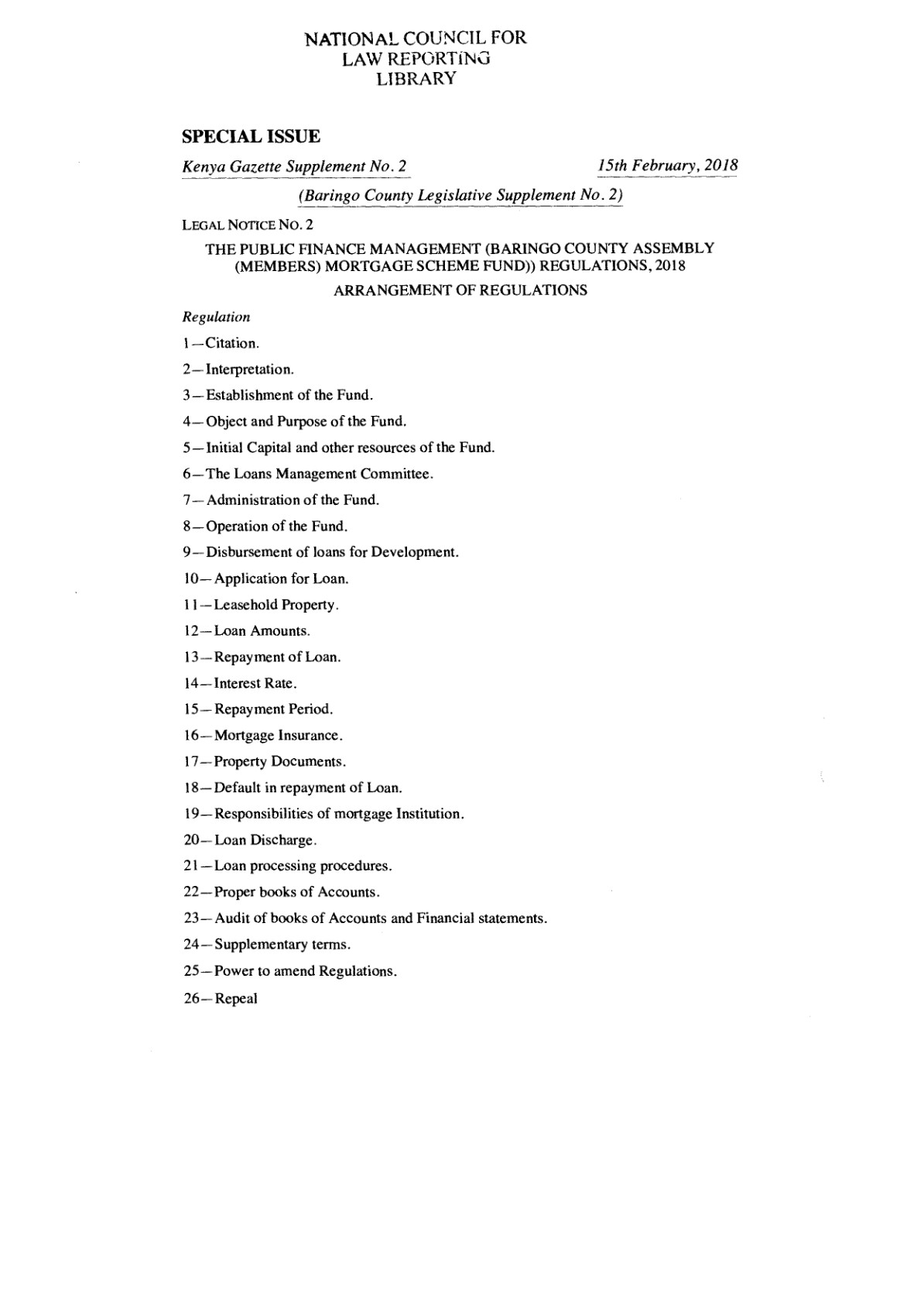 Baringo County Assembly (Members) Mortgage Scheme Fund Regulations 2018