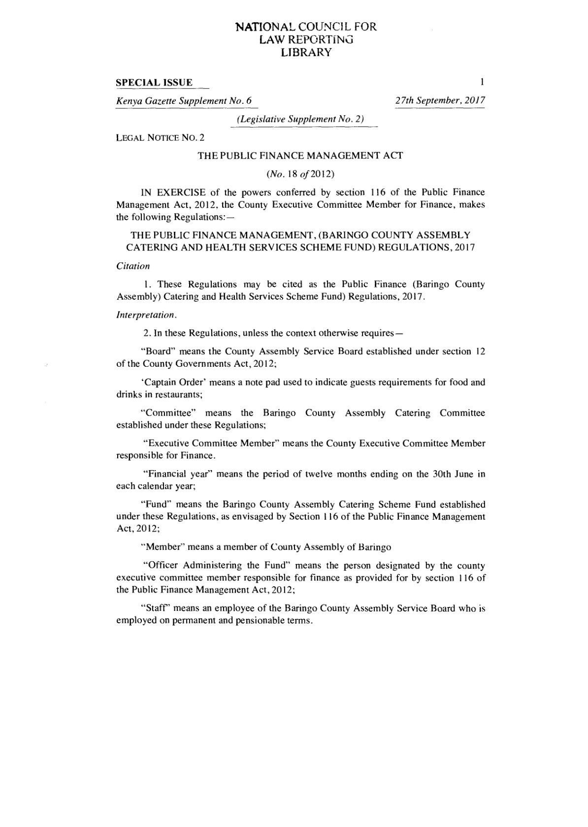 Baringo County Assembly Catering and Health Services Scheme Fund Regulations 2017