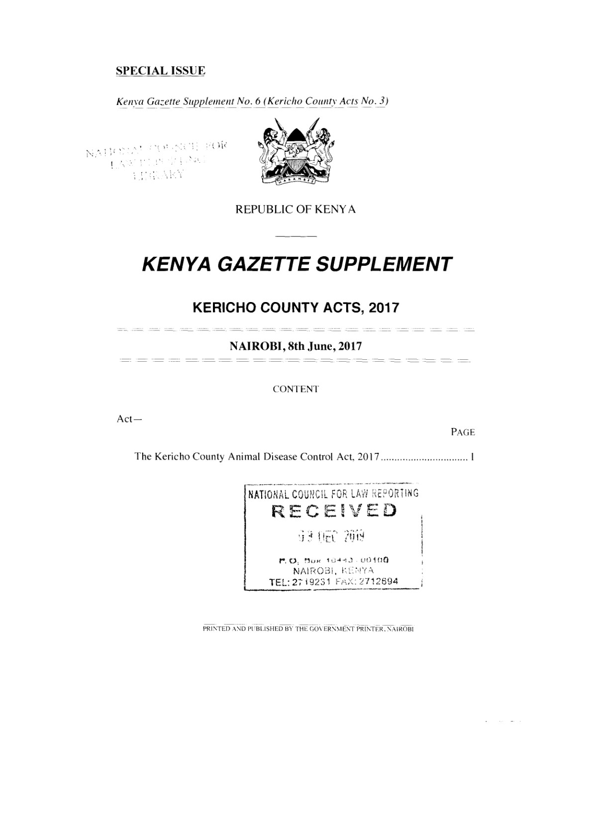 Kericho County Animal Disease Control Act 2017
