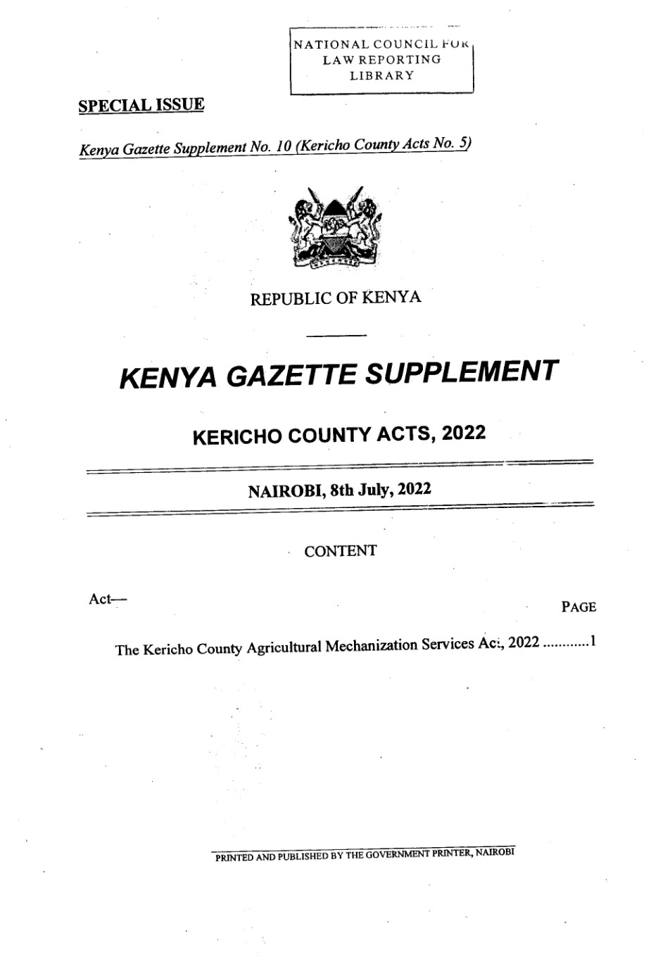 Kericho County Agricultural Mechanization Services Act 2022