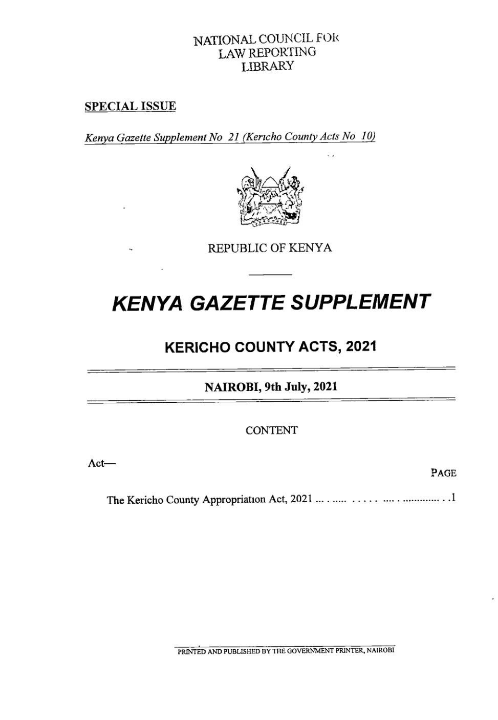 Kericho County Appropriation Act 2021