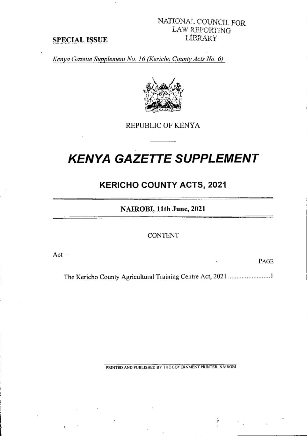 Kericho County Agricultural Training Centre Act 2021