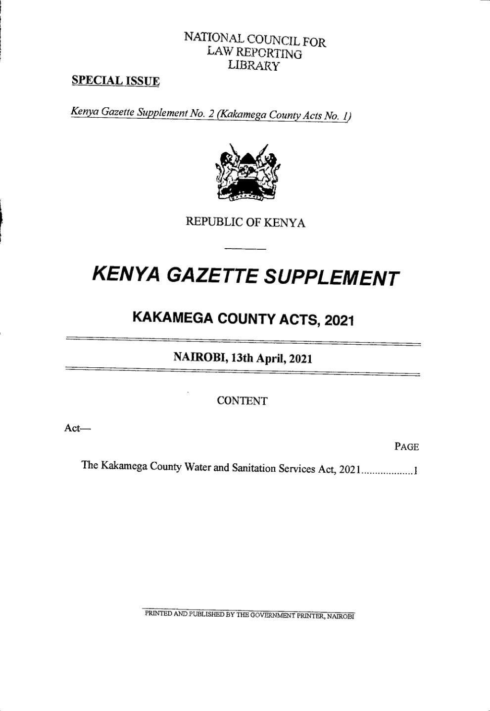 Kakamega County Water and Sanitation Services Act 2021