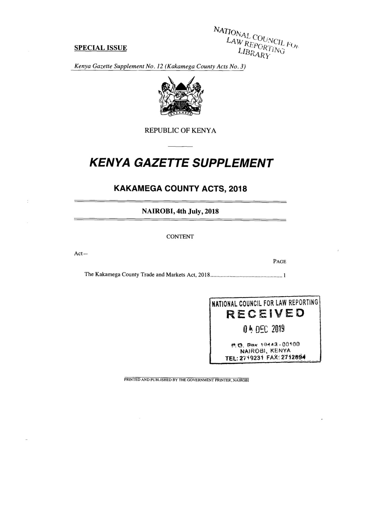 Kakamega County Trade and Markets Act 2018