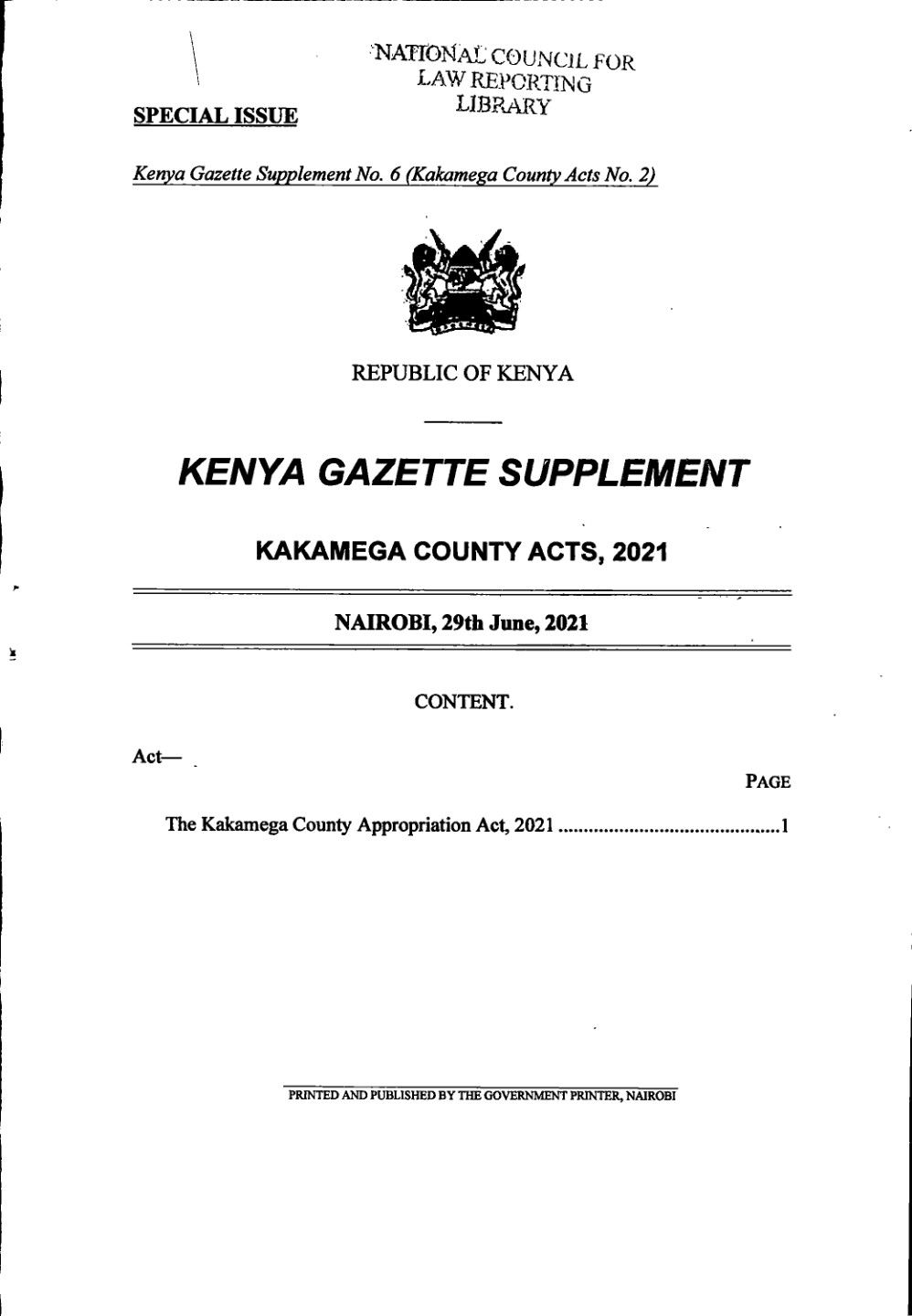 Kakamega County Appropriation Act 2021