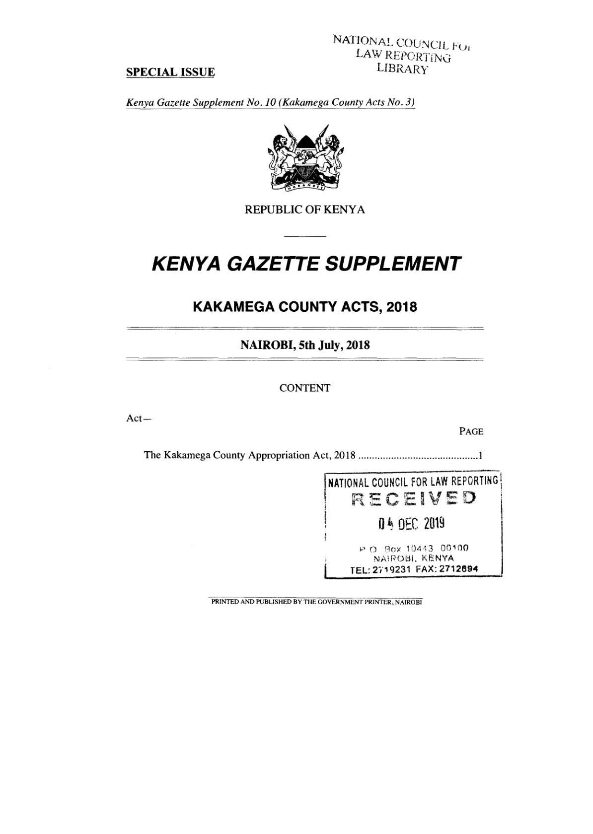 Kakamega County Appropriation Act 2018