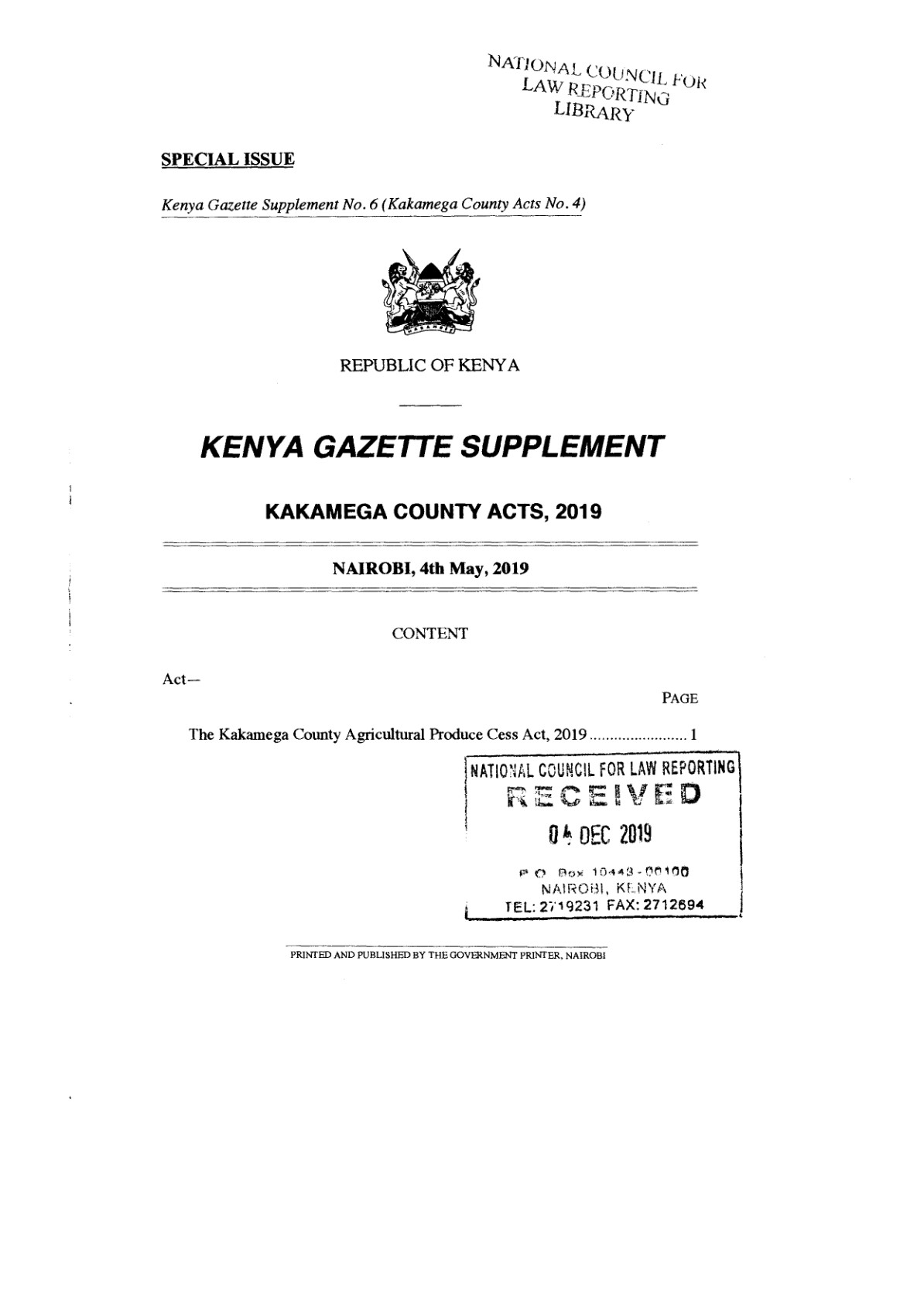 Kakamega County Agricultural Produce Cess Act 2019