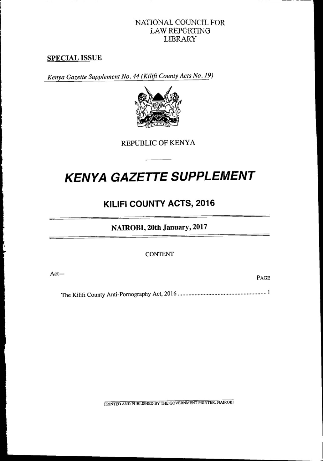 Kilifi County AntiPornography Act 2016