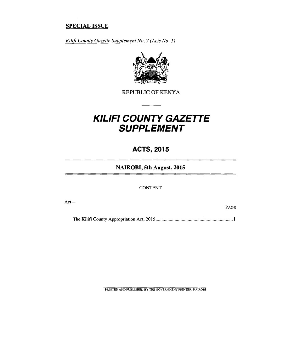 Kilifi County Appropriation Act 2015